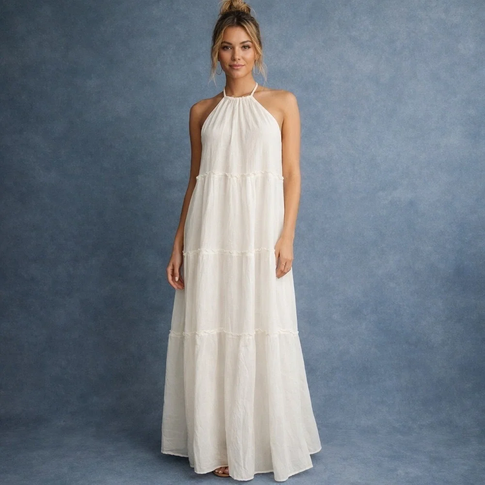 Abercrombie & Fitch Cream Tiered Halter Maxi Dress Small Resort Wear Sheer NWT